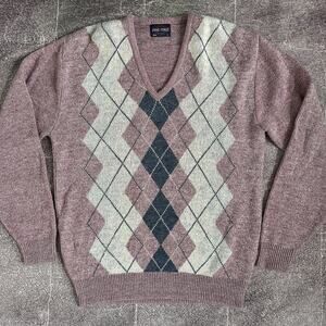 Men's Vintage 80's Pine State USA Wool Acrylic Pink Argyle V Neck Sweater Sz L